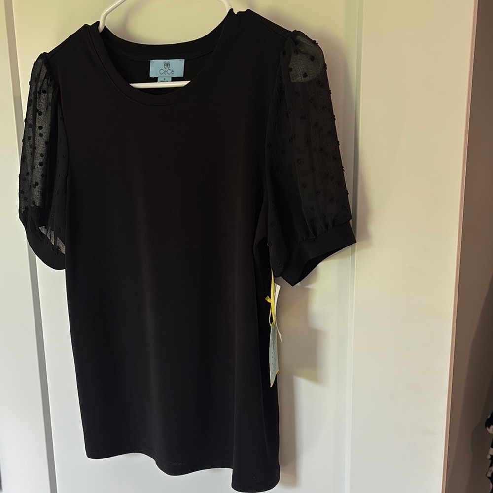 CeCe Elegant Black Top with Sheer Polka Dot Sleeves